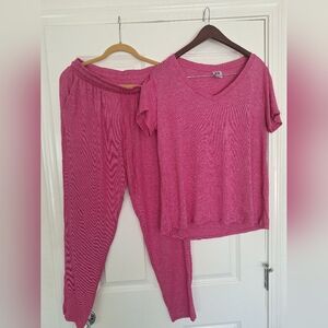 Natori Pajama Set PInk Short Sleeve Top‎ Long Pants Tie Waist Pockets Size L/G